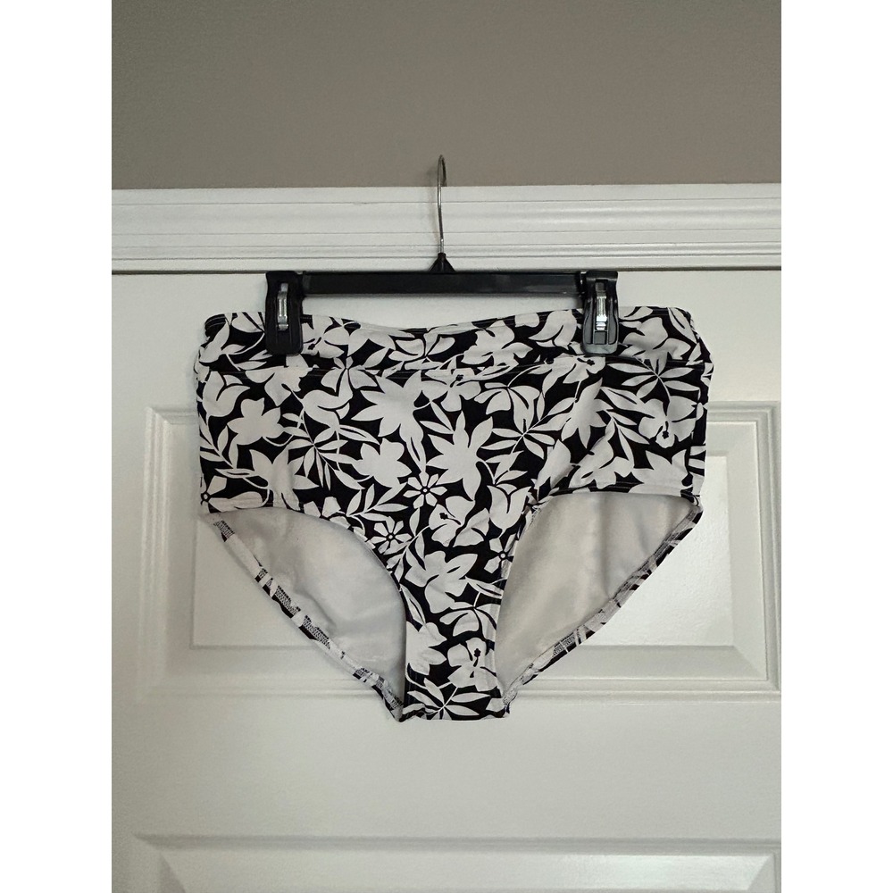 Lands' End Womens High Waisted Bikini Bottoms Black White Floral Size 14 522792